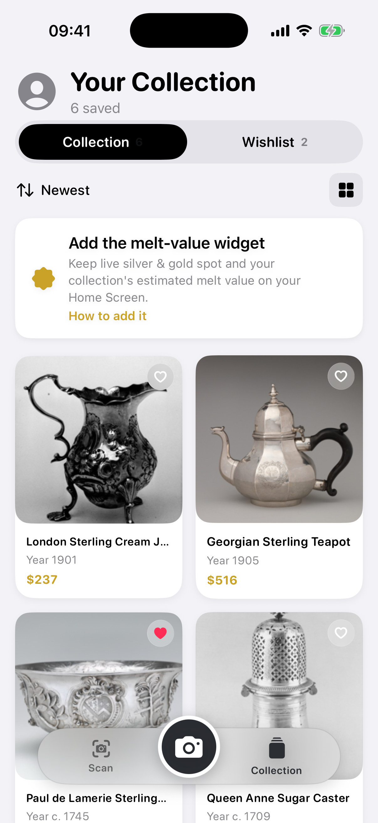 Your Collection screen with a Collection/Wishlist toggle, a melt-value widget tip, and a grid of saved pieces: London Sterling Cream Jug (1901, $237), Georgian Sterling Teapot (1905, $516), a Paul de Lamerie piece, and a Queen Anne Sugar Caster.