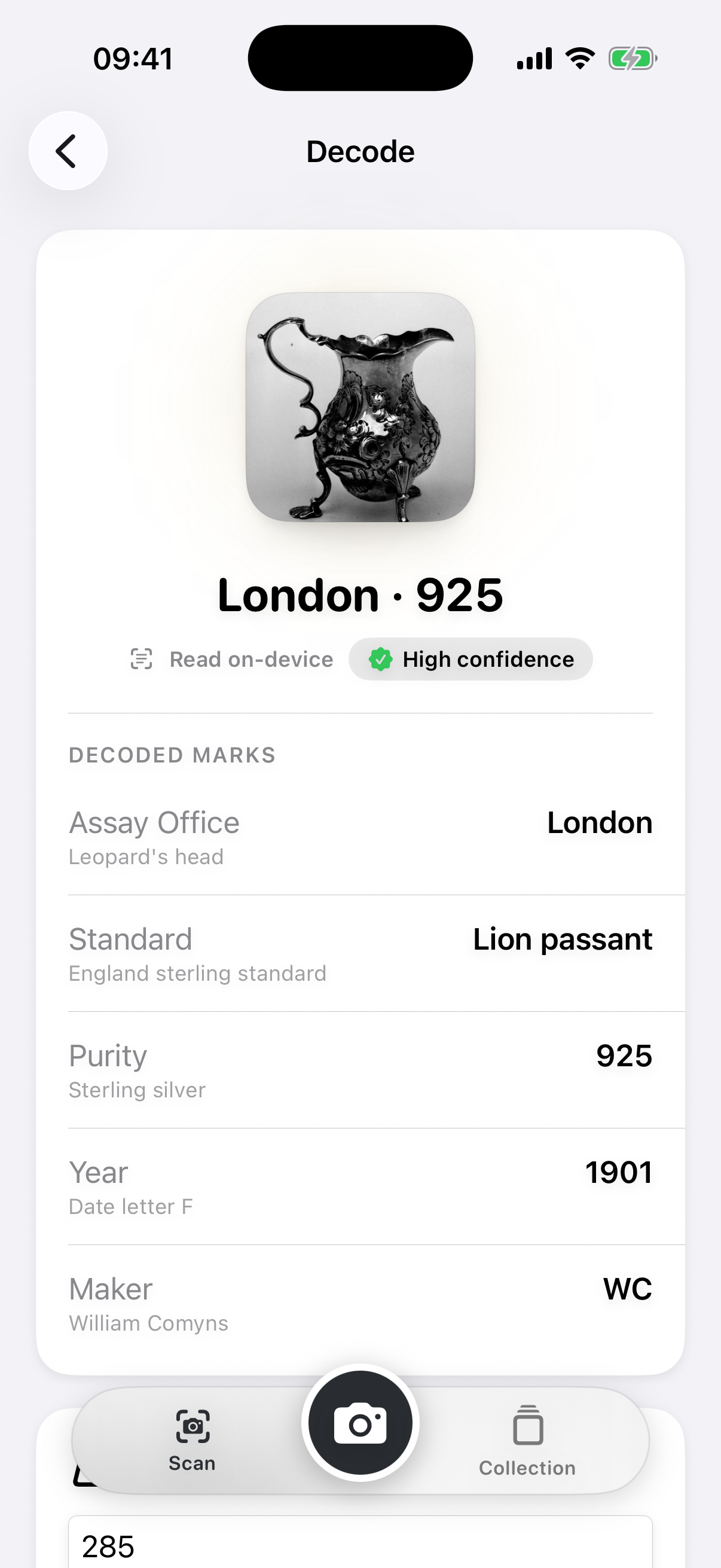 Decode result card reading 'London · 925' with a decoded-marks list: Assay Office London (leopard's head), Standard Lion passant, Purity 925 sterling silver, Year 1901 (date letter F), Maker WC (William Comyns).