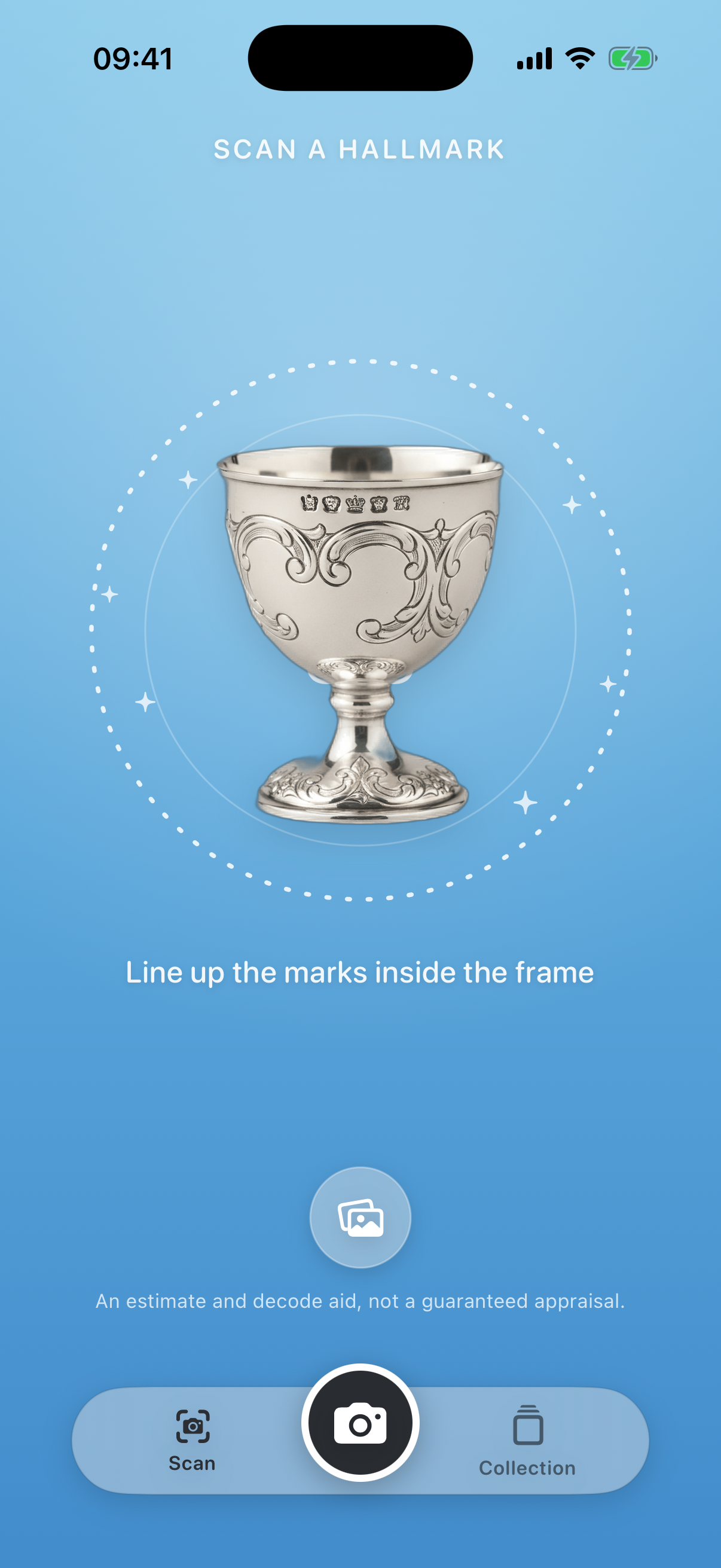 Hallmark ID scan screen — a dotted scanner frame with the prompt to line up the marks inside the frame