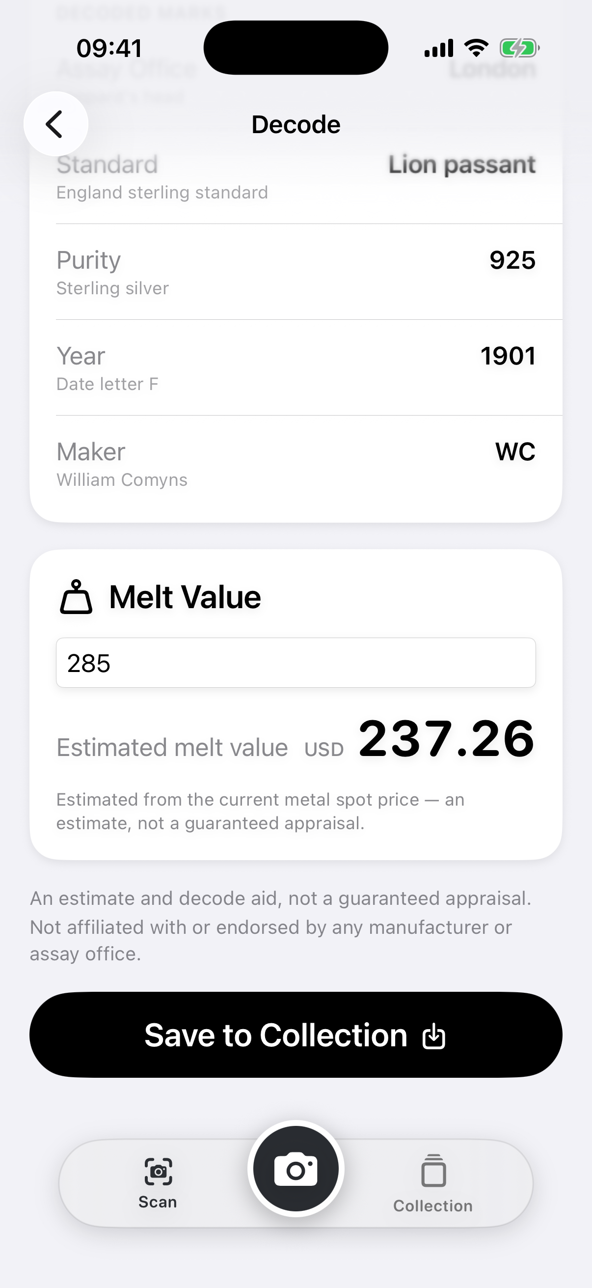 Melt Value card with a weight field of 285 grams and an estimated melt value of USD 237.26, above a 'Save to Collection' button.